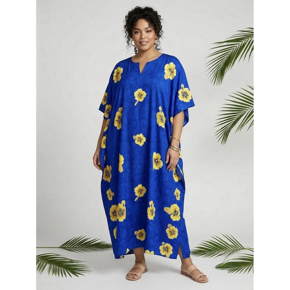 Blue Yellow Hibiscus Kaftan Maxi Dress Boho Resort Tropical Beach Cover Up
